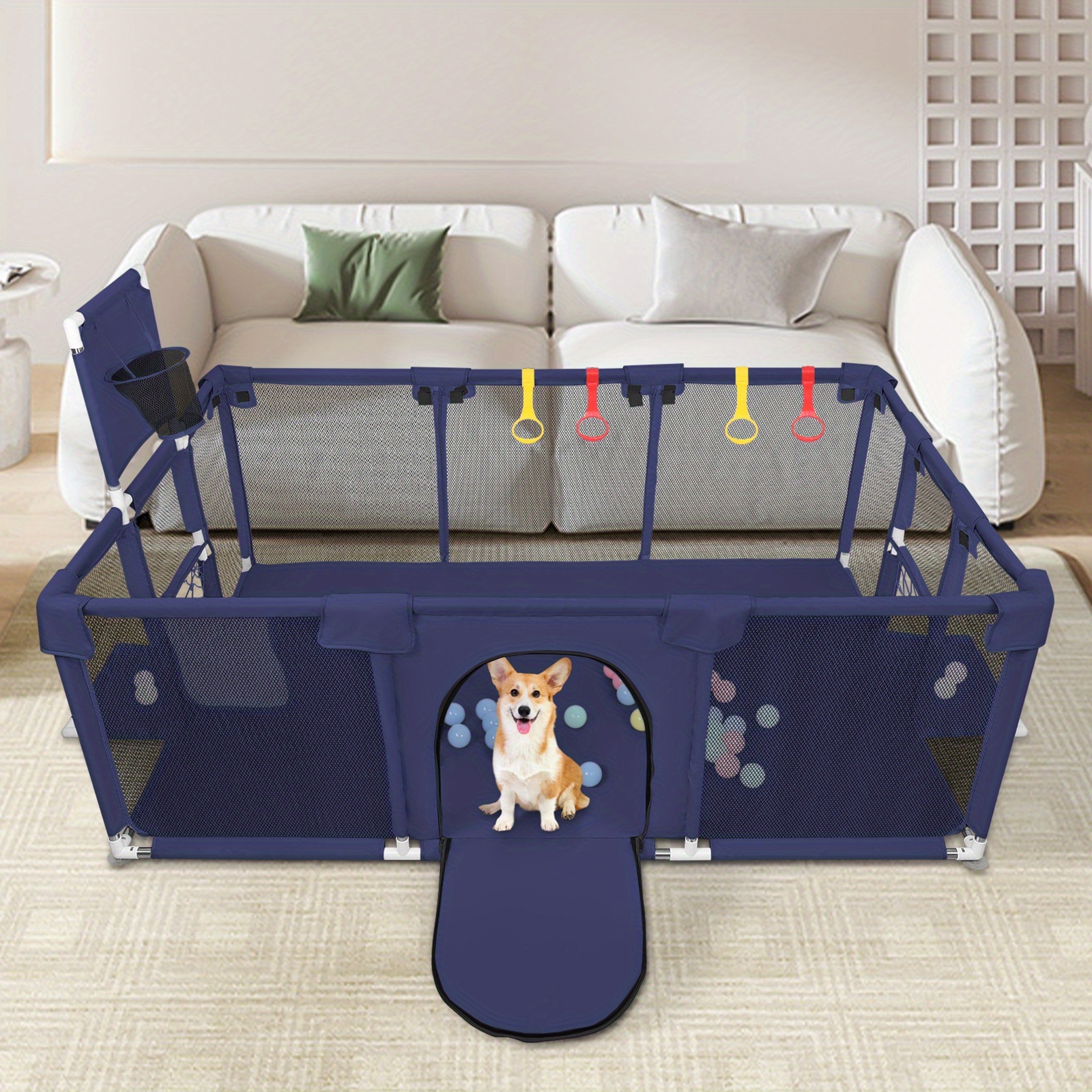 Image of Oxford Fabric Pet Playpen 180x120x66cm | Heavy Duty Dog Pen With Metal Frame In Black/grey/blue, Portable Exercise Pen For Indoor & Outdoor Use