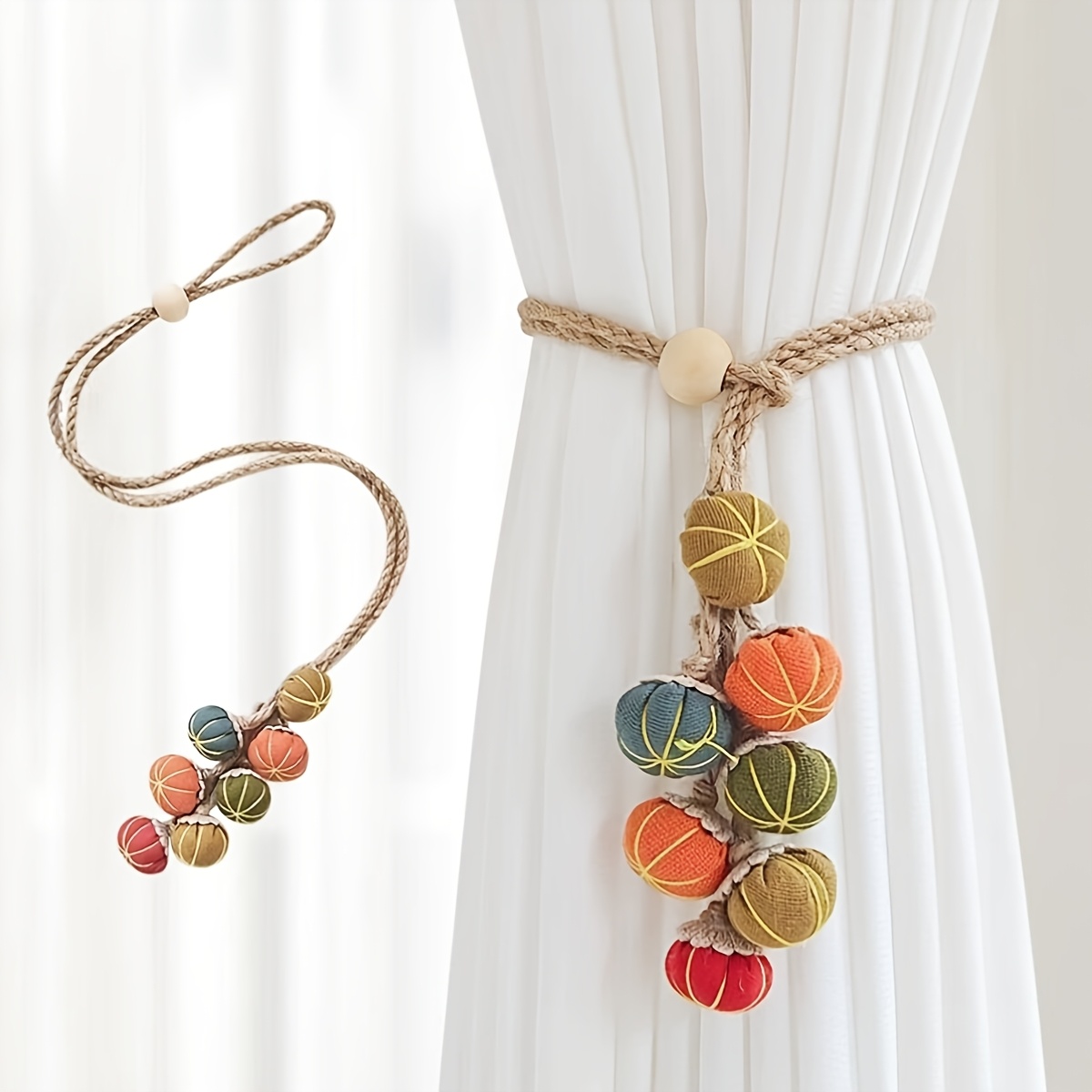 TEMU 2 pezzi Vintage Multicolore Piccoli Lacci per Tende a Zucca, Versatili Lacci in di Stile Log, Decorazioni in Tessuto per Finestre in Stile Crema