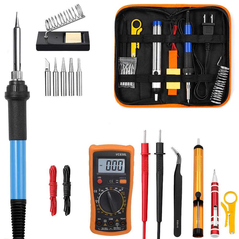 TEMU 1 Set/19pcs 110v 60w Adjustable Temperature 806 Electronic Soldering Station With 5pcs Soldering Tips, Solder Pump, Tweezers, Stand, Repair Kit