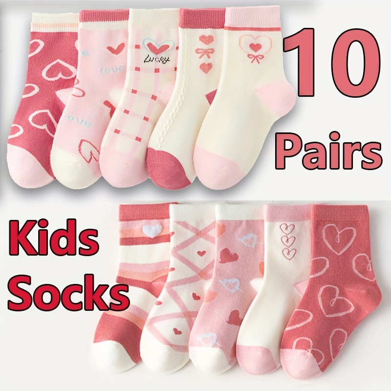 

10 Pairs Of Girl's Cartoon Love Heart Pattern Knitted Socks, Comfy Breathable Soft Crew Socks For Outdoor Wearing