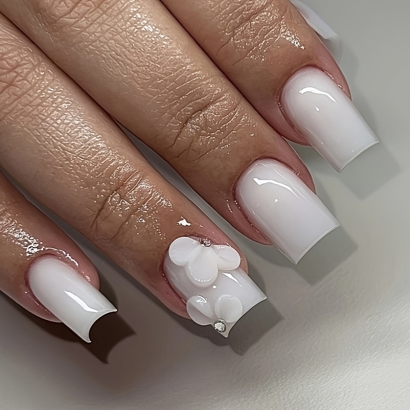 TEMU With 24pcs Short Square Minimalist White 3d Petal, Three-dimensional -covered Press-on Nail Stickers That Are Removable. Includes 1pc Nail File & 1 Sheet Of Tape &ndash; For S