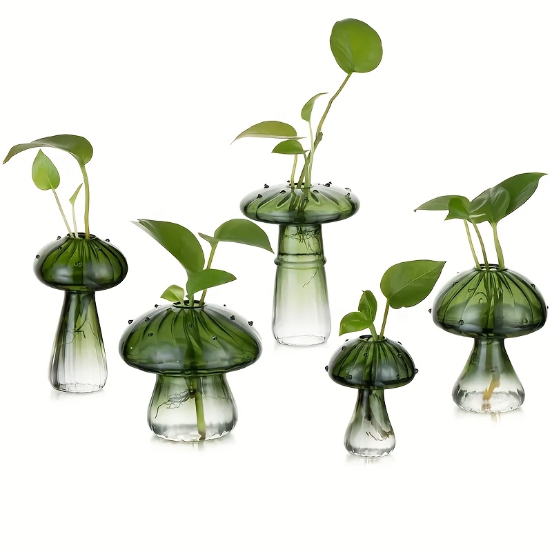 5pcs Rora Green Glass Mushroom Vases, Hydroponic Plant Containers, Contemporary Style, Ideal For Home , No Battery Required