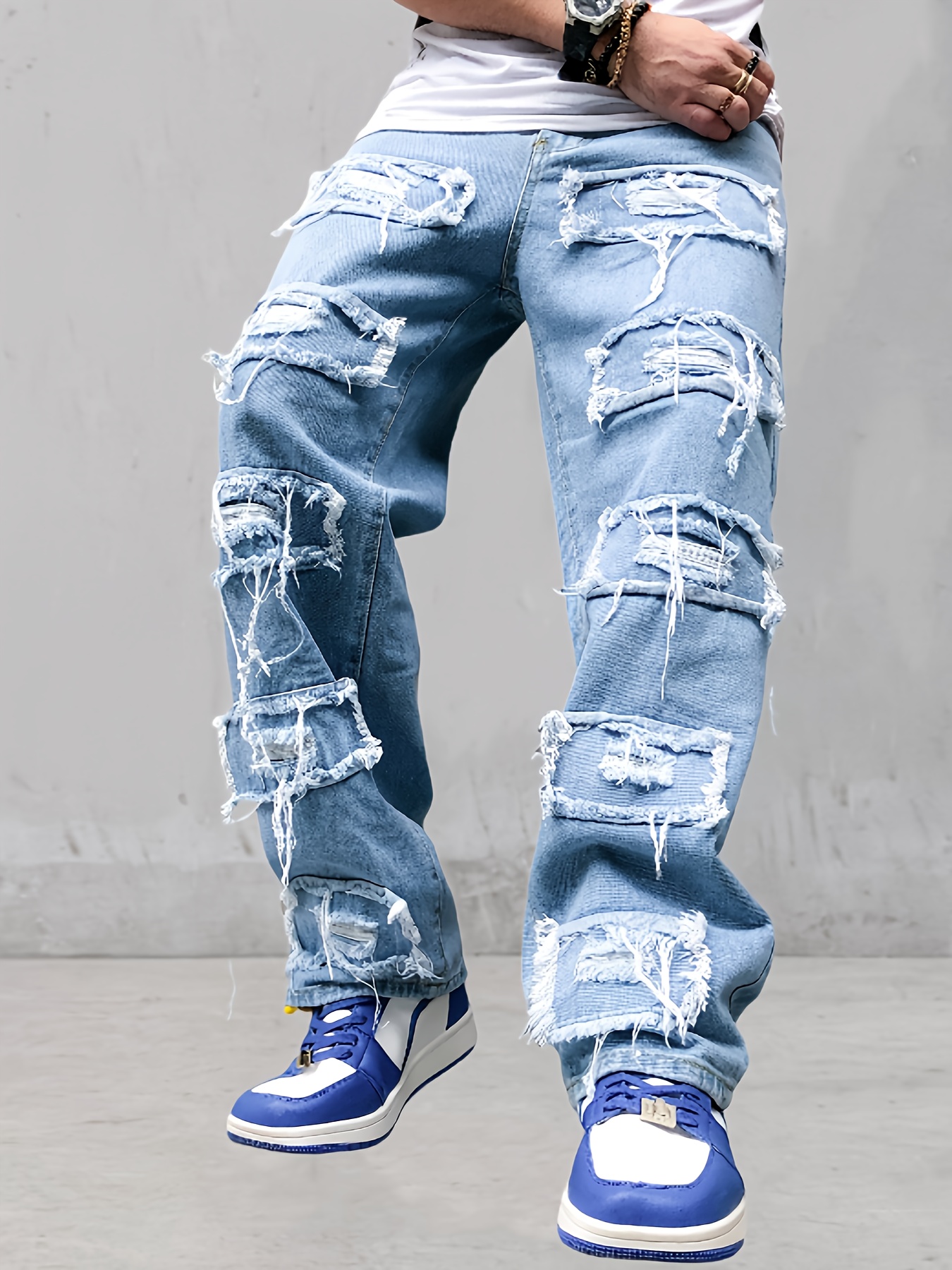 mens ripped fringe jeans loose straight drape vintage denim pants mens trousers