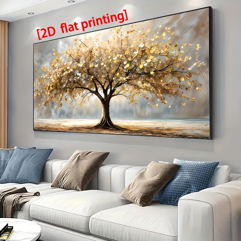 TEMU 1 Panel Large Tree Of Life Canvas Wall Art - Frameless Beige & Golden Horizontal Landscape Painting, "x63" (80x160cm) Backing For & Stick