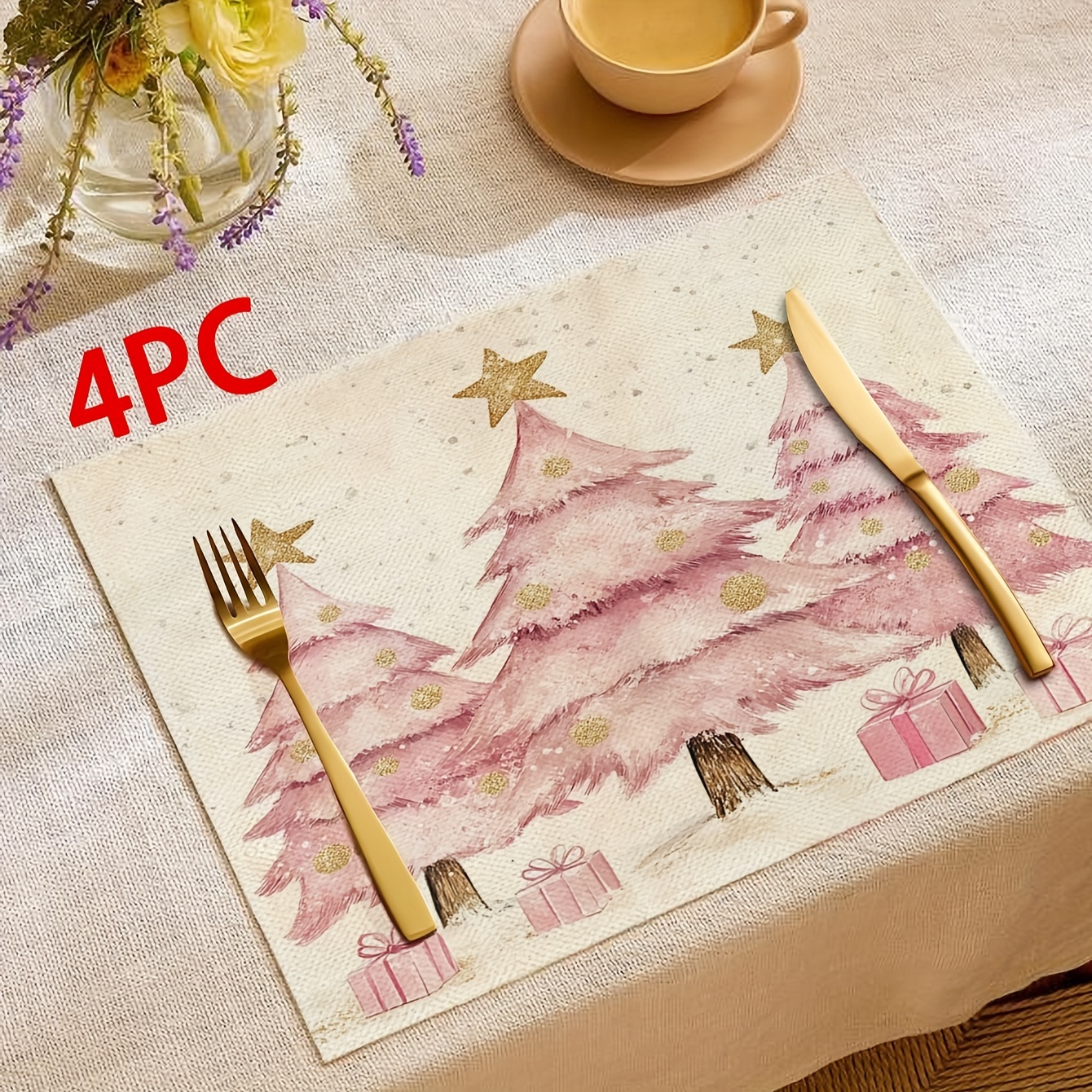 

4- Christmas Placemats, 12x18 , Linen Table , Christmas Tree , Washable Dining For Decor