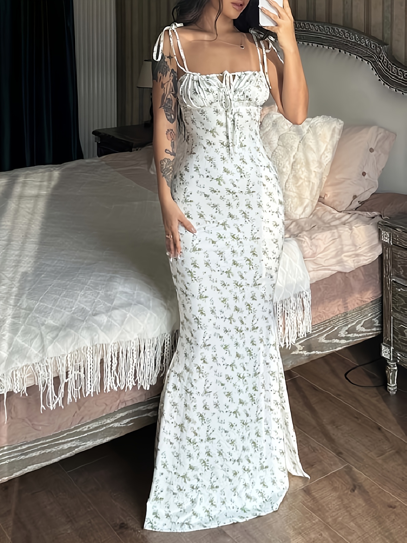 self print dress design a long floral print dress thin straps featuring self tie