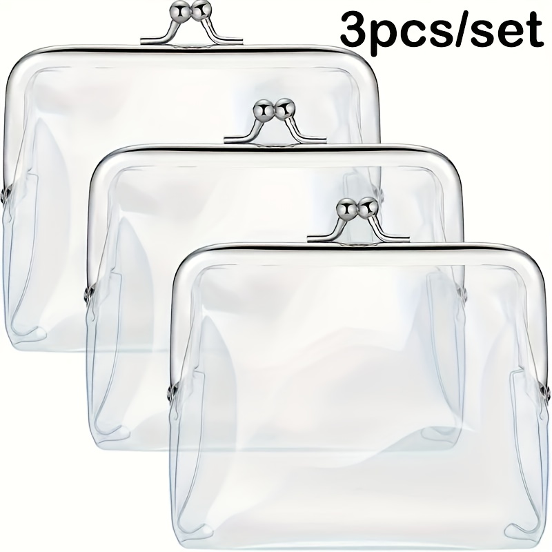 TEMU 3pcs Lock Suitable For , Cards, Keys, Earphones & Jewelry - Transparent High Quality Pvc Lockable Pouch With Kiss Lock Closure, Portable Change