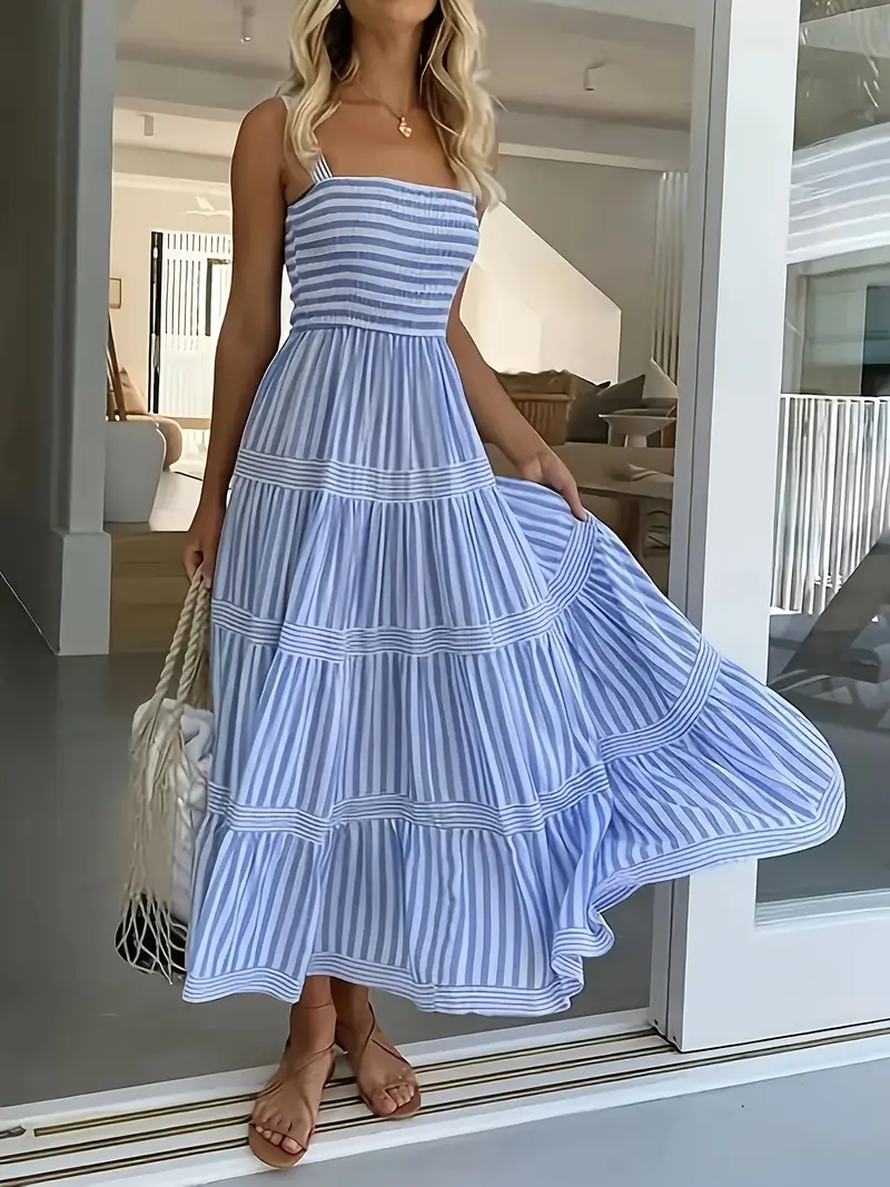 blue and white vertical striped maxi dress White And Blue Striped Maxi Dress S