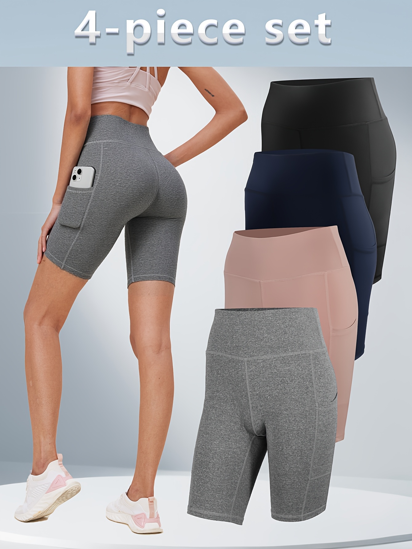 4pcs Set Summer New Style Women's High-Waist Butt-Lifting 5-Inch Yoga Shorts with Pockets, Yoga Apparel, Pilates Trainin