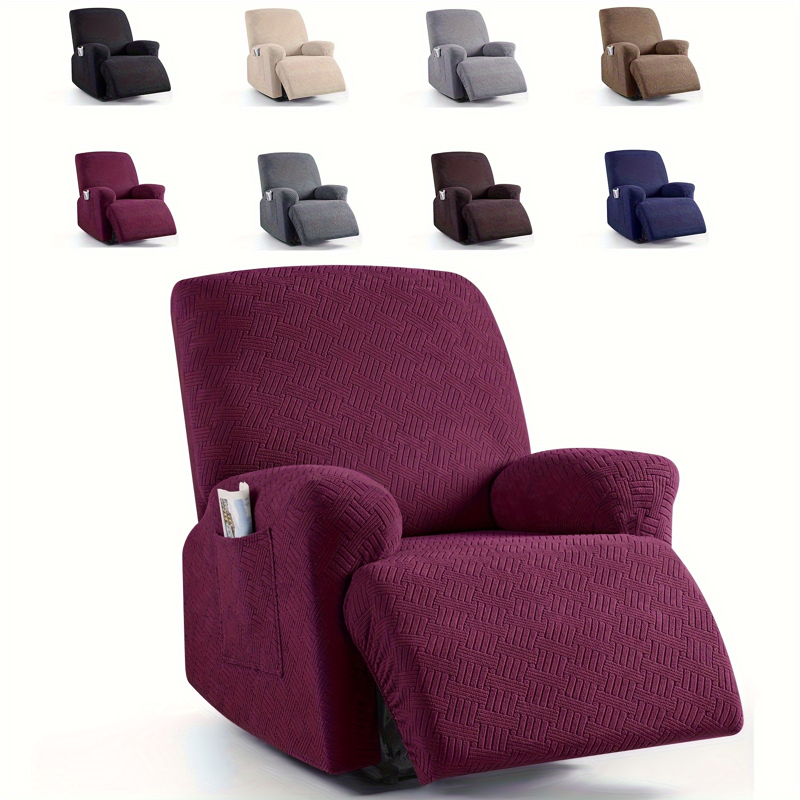 Fouvin Set di 4 poltrona elasticizzato con tasche, in tinta unita per relax, coprisedia per TV e braccioli (grigio scuro