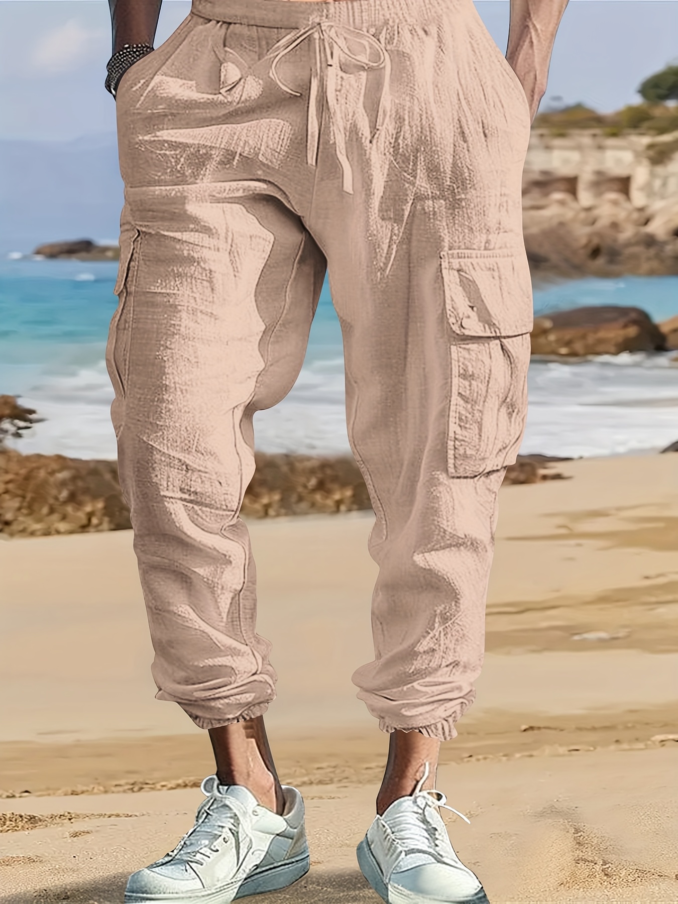 men's casual cotton linen cargo pants multiple pockets Temu