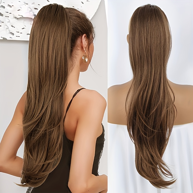 TEMU Extensions de queue de cheval synthétiques longues et ondulées de 26 pouces avec cordon de serrage, cheveux droits pour femmes, couleurs