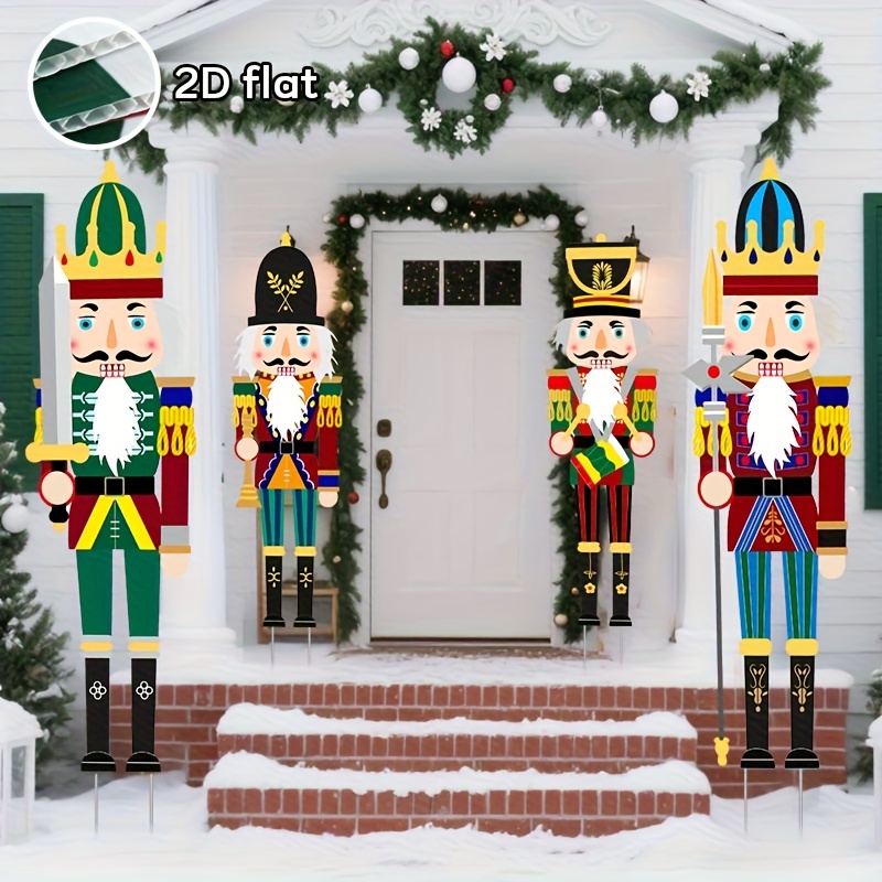 TEMU 2d Flat - 2026 Spring New Arrival 4pcs Large Christmas Nutcracker Garden Decor Sign (black & White) With Stakes, 52 Inches Outdoor Holiday