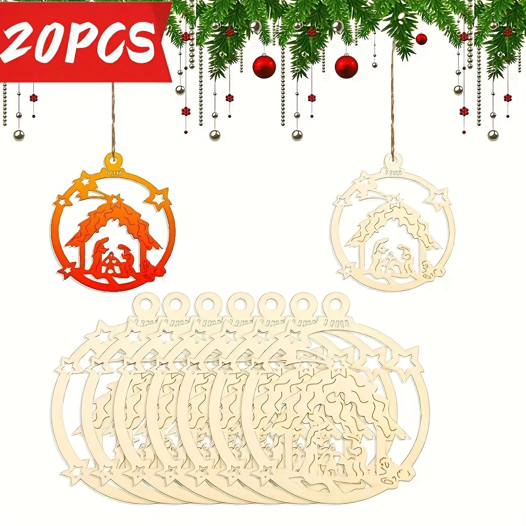 Image of A Pack Of 20 Wooden Hollowed-out Christmas Scene Ornaments With . Hand-painted And Are Suitable For Decorating Christmas Trees And Festive Settings