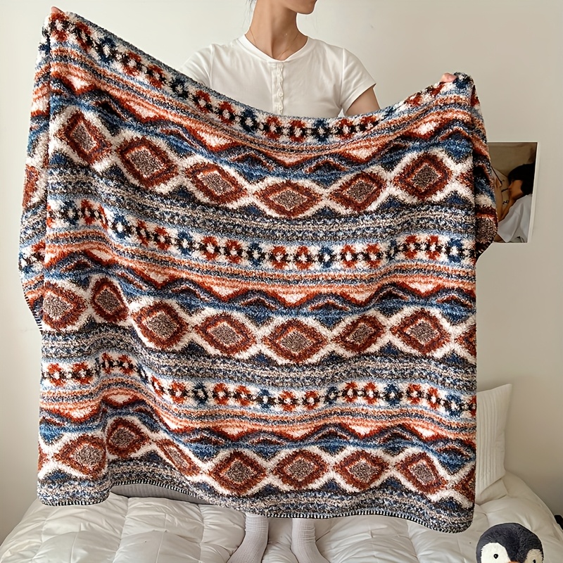 1pc Bohemian Plush Throw Blanket - Ultra-Soft All-Season Luxury Bedspread with Brown, Beige, Blue-Green Geometric Patterns - Machine Washable Couch, Dorm, Office, Travel Blanket - Lightweight & Warm Home Decor, Blanket for Bed, Dorm Room Bedding, Fantasy Themed Decor, Skinfriendly Fabric, Office Comfort, Boho Chic Decor, Durable Material, Office Workers