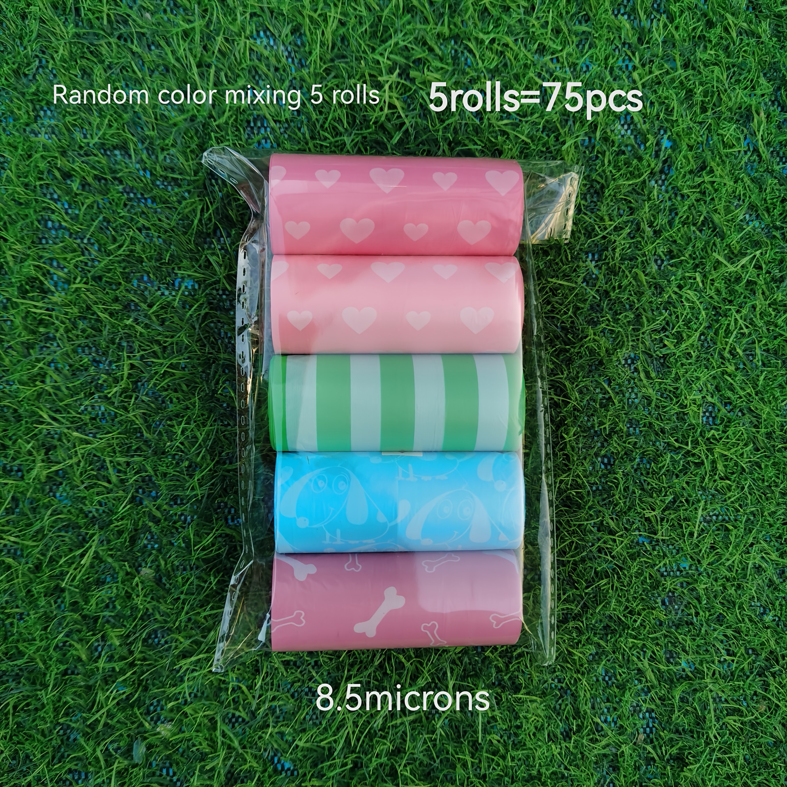 Image of 75pcs/5rolls Of Poop Bags, Disposable Poop Bags With Printed Patterns, Easy To Carry And Leak-proof, Baby Diaper Bags, Random Mixed Packaging Mini Garbage Bags