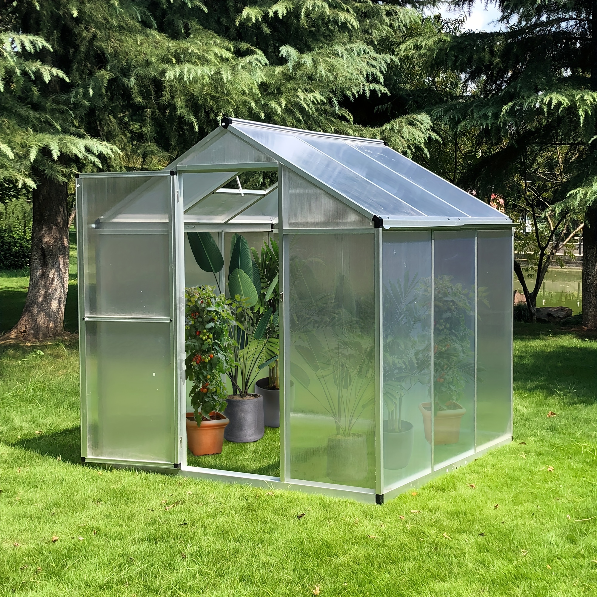 

Outsunny 6' X 6' Walk-in Polycarbonate Greenhouse With Roof Vent For Ventilation & Rain Gutter, Heavy Duty Aluminum , For Winter