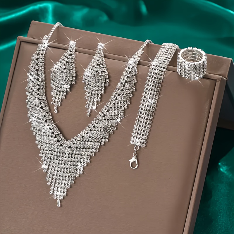 TEMU Ensemble 4 pièces bijoux tendance haut de gamme pour mariée : collier, bague et boucles d'oreilles