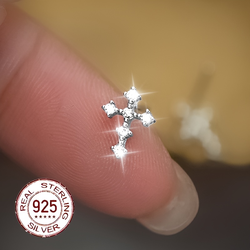S925 Sparkling Zirconia Cross Studs, Stylish & Minimalist