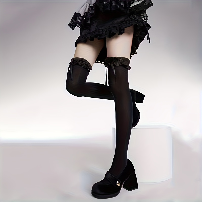 Image of 1 Pair Of Women's Over-the-knee Socks With Ruffles And Bows - Soft And Comfortable Thigh-high Stockings, Lace-like Leg , Suitable For Dresses, Skirts, And Shorts - For Casual And Formal Occasions