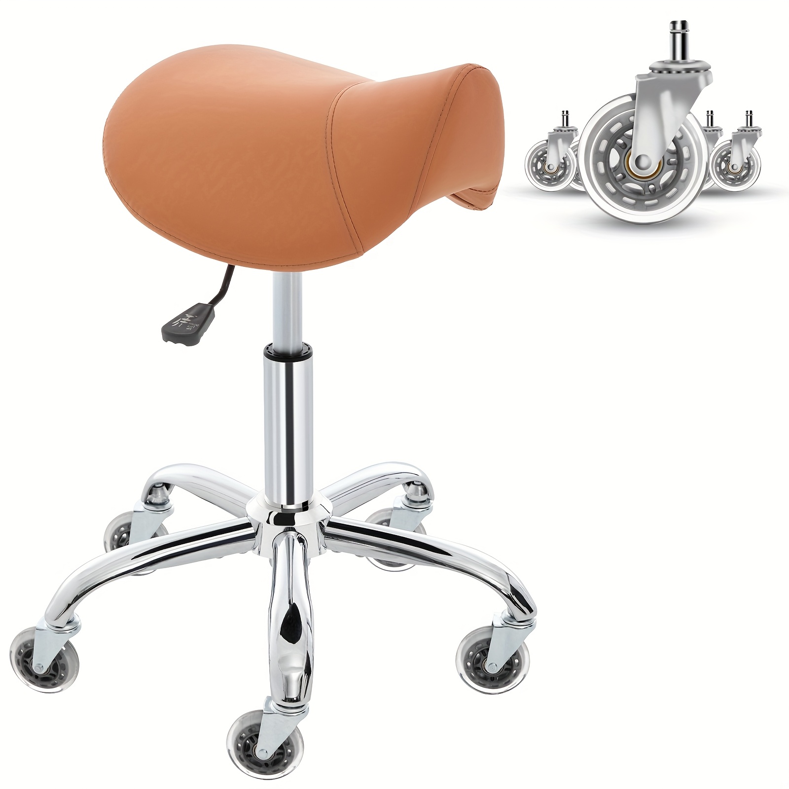 Swivel Adjustable PU Leather Chair - Ergonomic Saddle Stool with Wheels | for Drafting, Office, Clinic, Beauty & Tattoo - Metal Frame, Polished Finish, Memory Foam