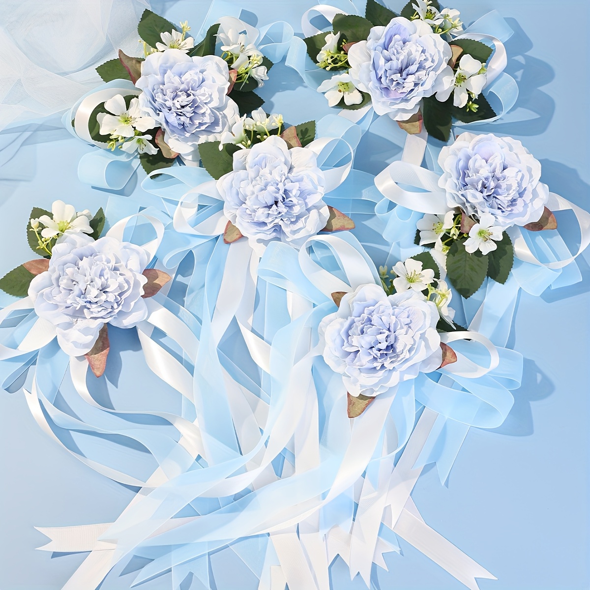 6pcs Of Blue Artificial Rose Flowers With Double-layered Bow And Long Ribbon Tassels For Decorating Cars, Wedding And Engagement Venues, And Indoor Staircases