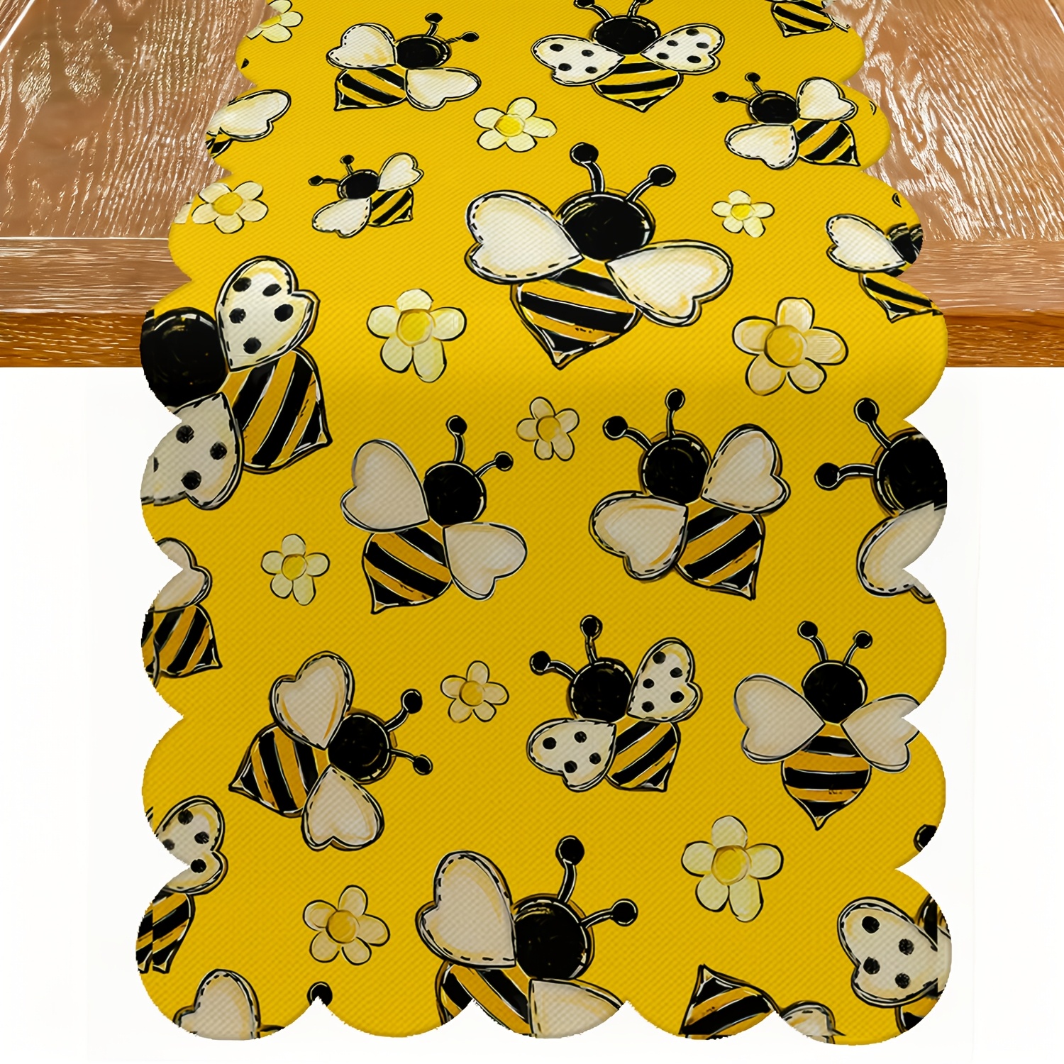 TEMU 1pc Cute Cartoon Bee Table Runner, Scalloped Edge Yellow Table Scarf, And Daisy Print Table Decor For Spring, Home Dining And Kitchen