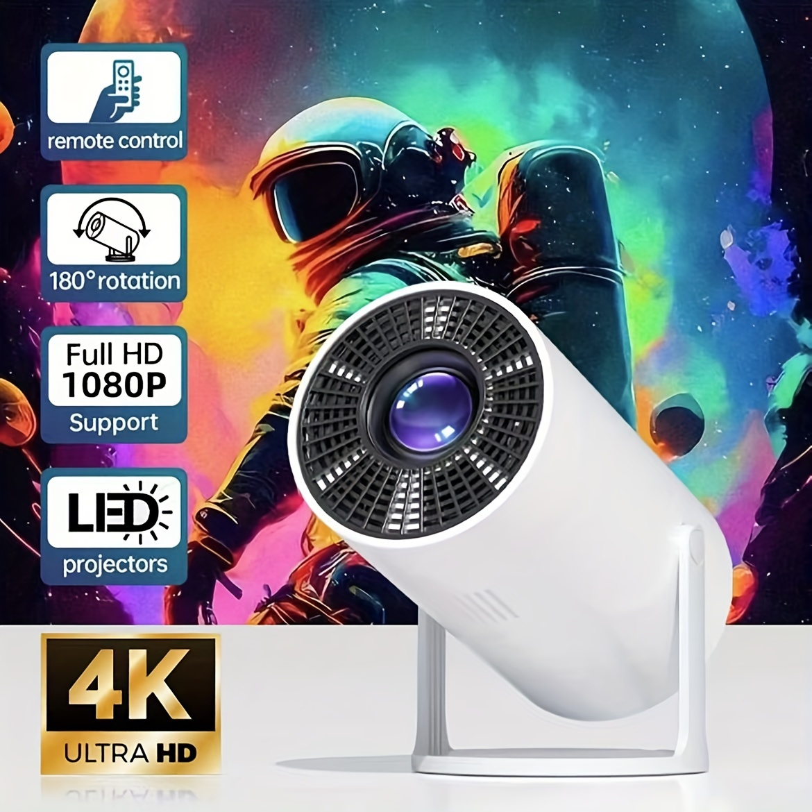 Proyector portátil mini 4K 1080P, Proyector inteligente con corrección automática de nivel, Proyector exterior con rotación de 180 °, Compatible con teléfono móvil, Regalo ideal detalles 0