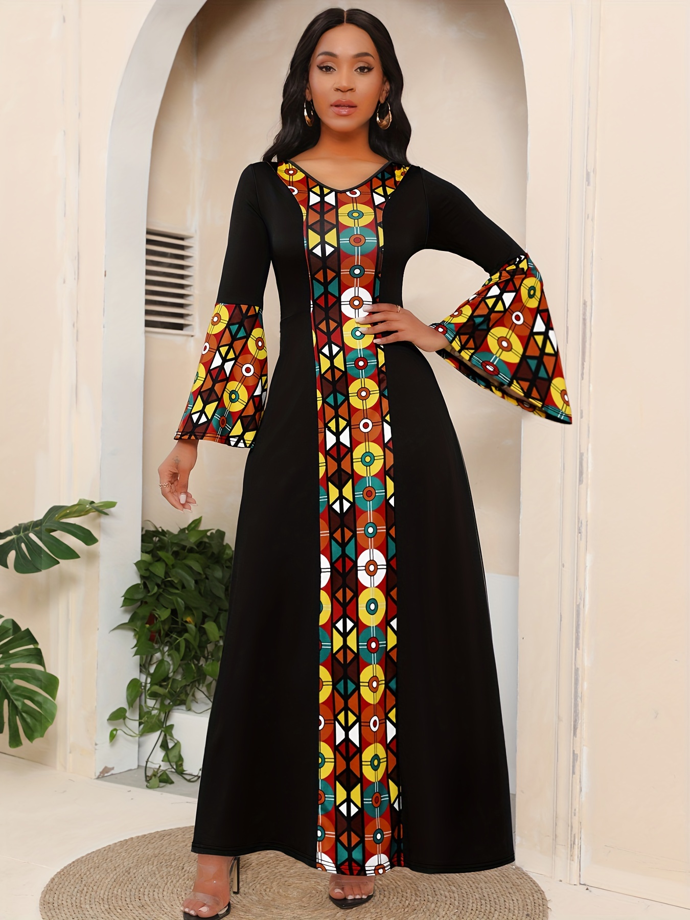 Ethnic Print Splicing Dress, Elegant Flared Sleeve V-Neck Maxi Dress