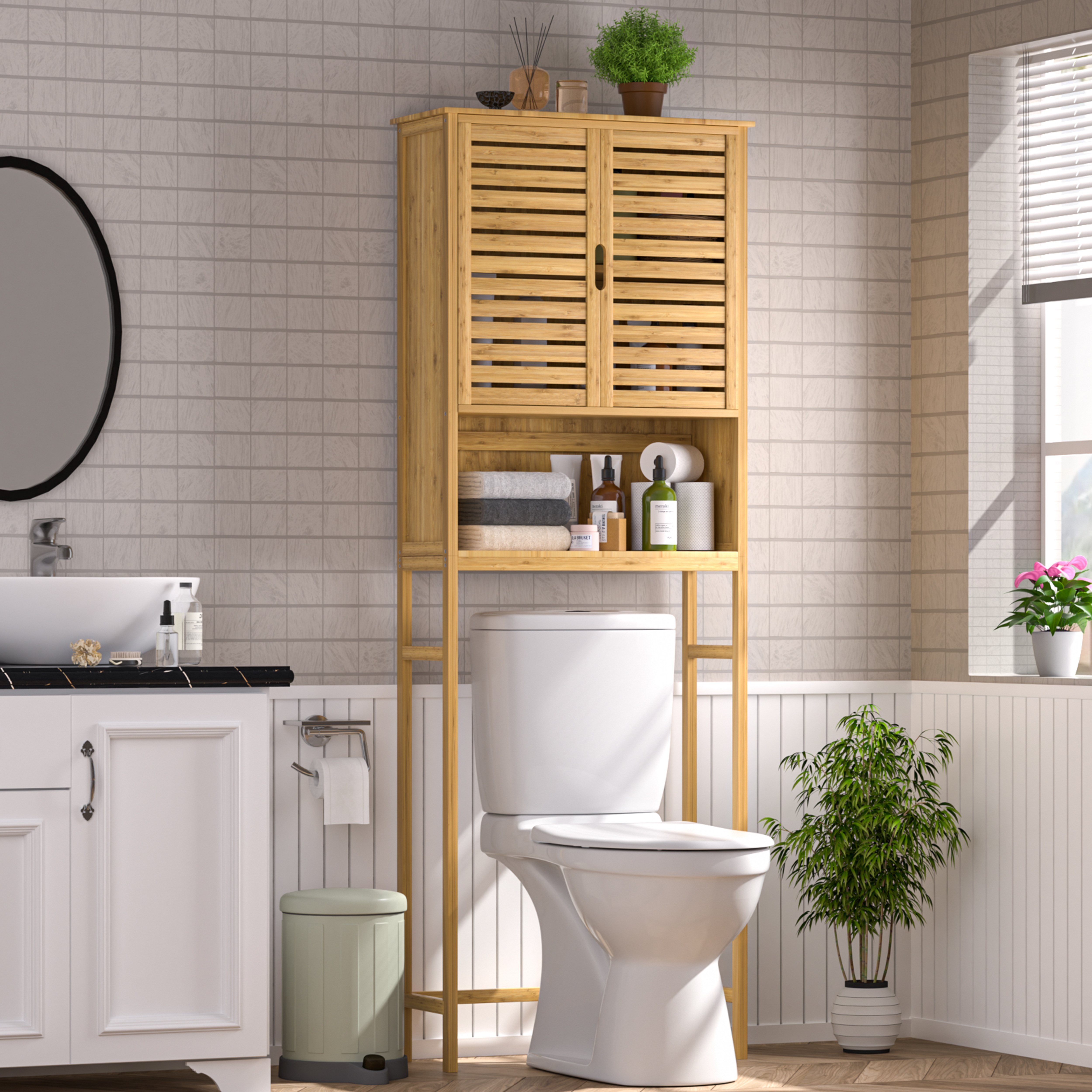 

Over The Toilet Rack With Adjustable Shelf, Bamboo Over The Toilet Storage Cabinet, Bathroom Space Saver,