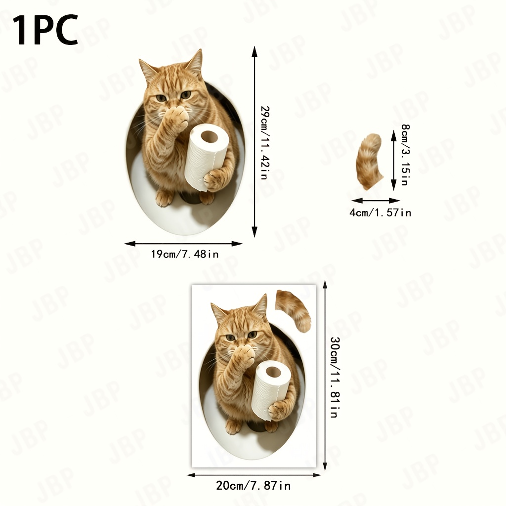 TEMU Autocollant humoristique pour toilettes avec chat orange tenant du papier toilette, décalcomanie 3D , décoration de salle de bain polyvalente,