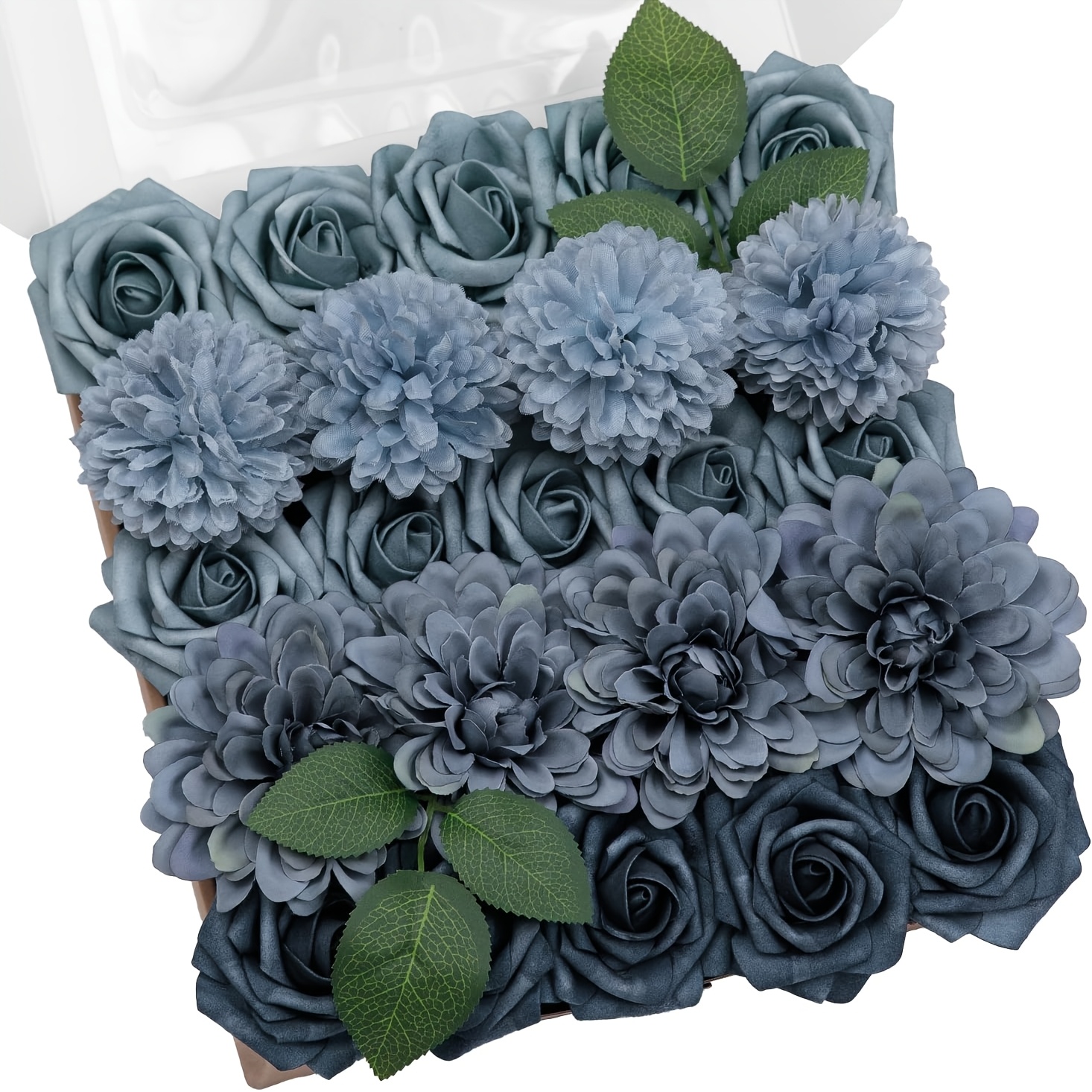 TEMU Coffret de 27 pièces de fleurs artificielles bleu poudré, roses artificielles dégradées bleu poudré avec tiges pour bouquets de mariage à faire
