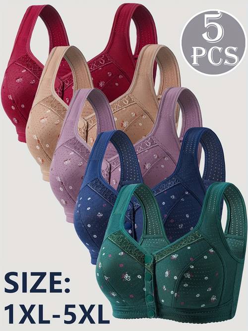 5-teiliges frontverschluss-weste-stil einfaches warmes bedrucktes spitzen elegantes drahtloses s-yoga-bh für damen
