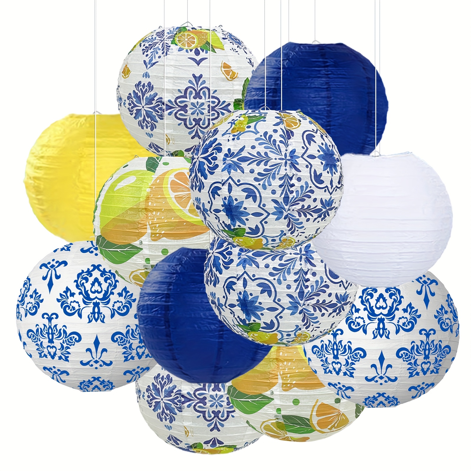 Image of 12pcs Traditional Chinese Blue And White Porcelain Lemon Lanterns - Paper Hanging Suitable For / Decoration, Festive Ceiling & Table, -free For, Weddings, Parties, Cultural Events