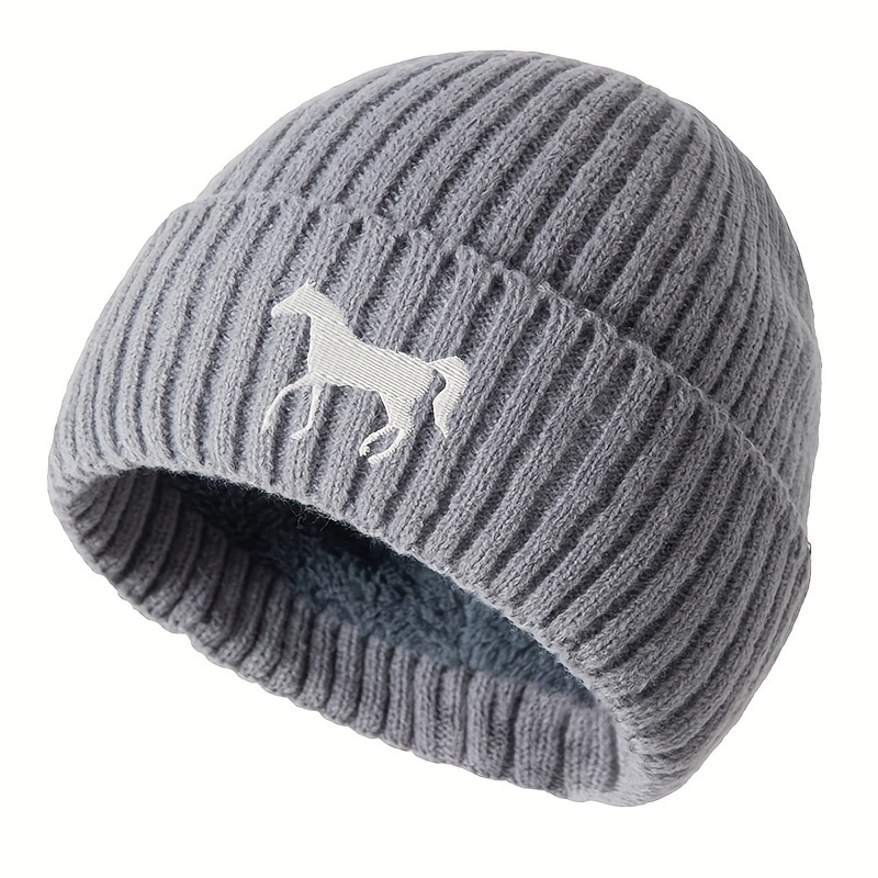 TEMU Verdickte, warme, gefütterte Unisex-Mütze mit besticktem weißem Pferd, eine stilvolle, einfarbige, randlose Beanie, die weich bequem für Männer