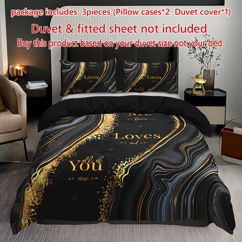 Image of 3pcs Quicksand Texture Letter Duvet Cover Set, 1 Duvet Cover With 2 Pillowcases No Filler, High-definition Print, Room Decor