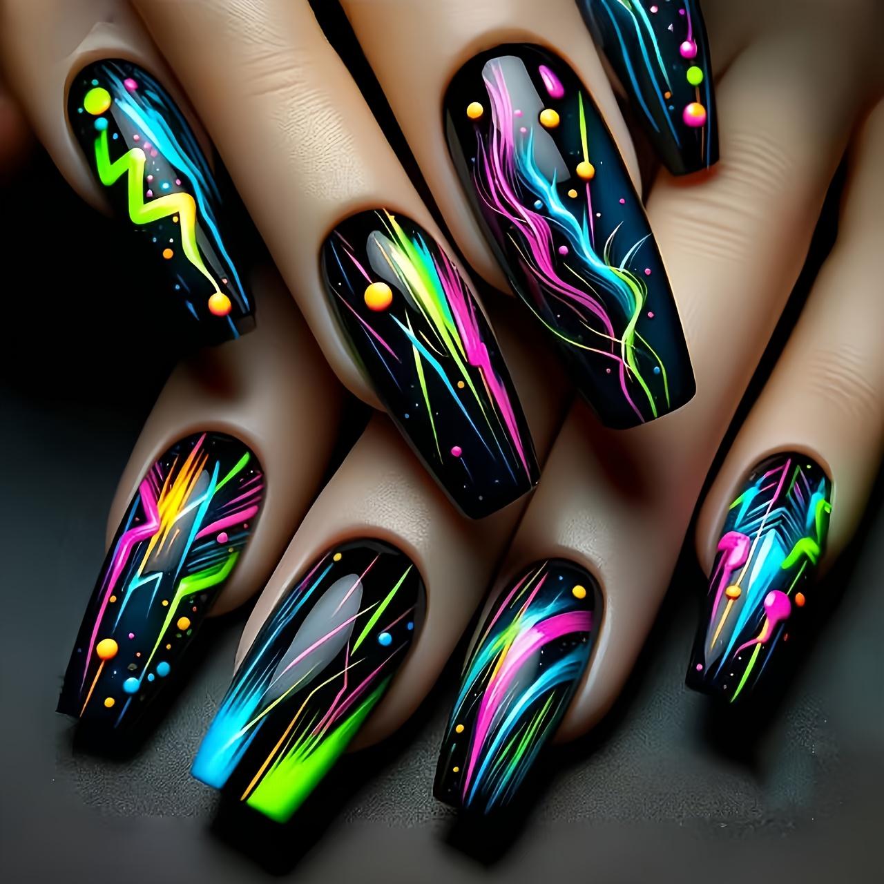 TEMU 24pcs Color Gradient Art Press-on Nails - Long Square Glossy Fake Nails With Neon & Pastel Swirl Designs, Medium-long Length Detachable Nail