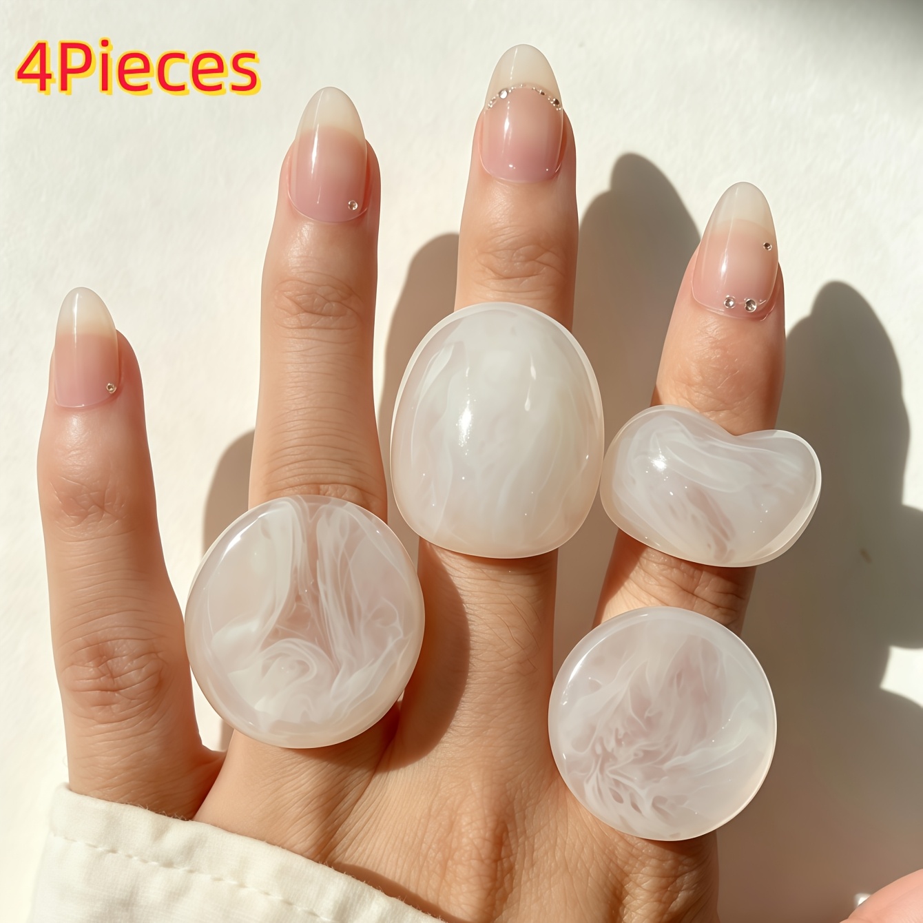 TEMU Set de 4 anillos de resina geométricos blancos, modernos y fáciles de usar para mujer, estilo , brillantes, transparentes, joyería para uso