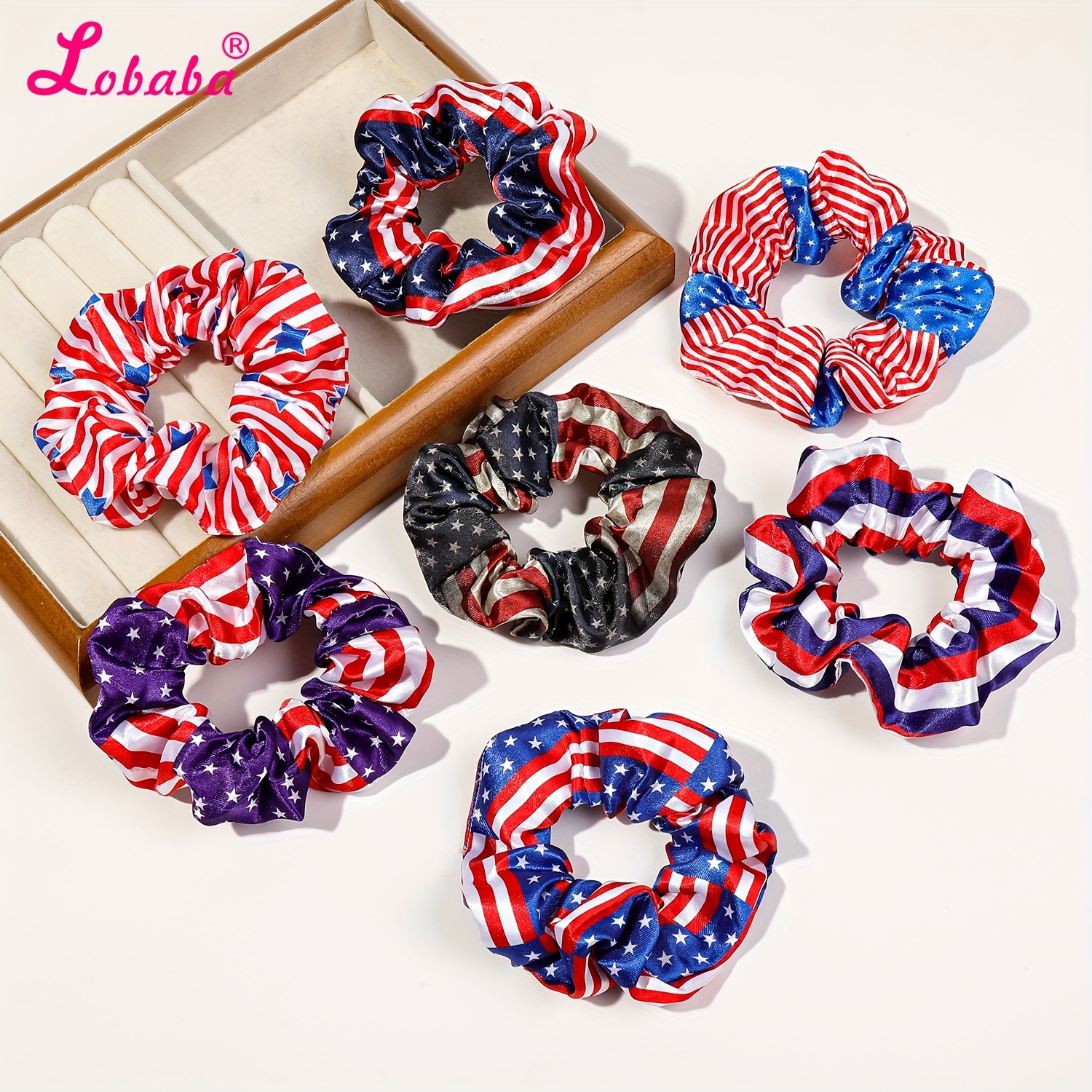 

Lobaba 7pcs American Flag Scrunchie Set - Elegant & Vintage Style Hair Ties For Women And Girls, Patriotic Ponytail Holders, Bow Hair Accessories