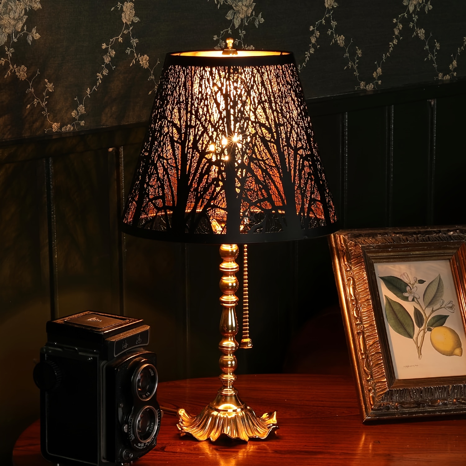HOMSFOU Lampenschirm Mit Blumen & Hirsch Design – Schwarzer Stoff-Schirm Für Pendel- Oder Tischlampen, E14-Fassung