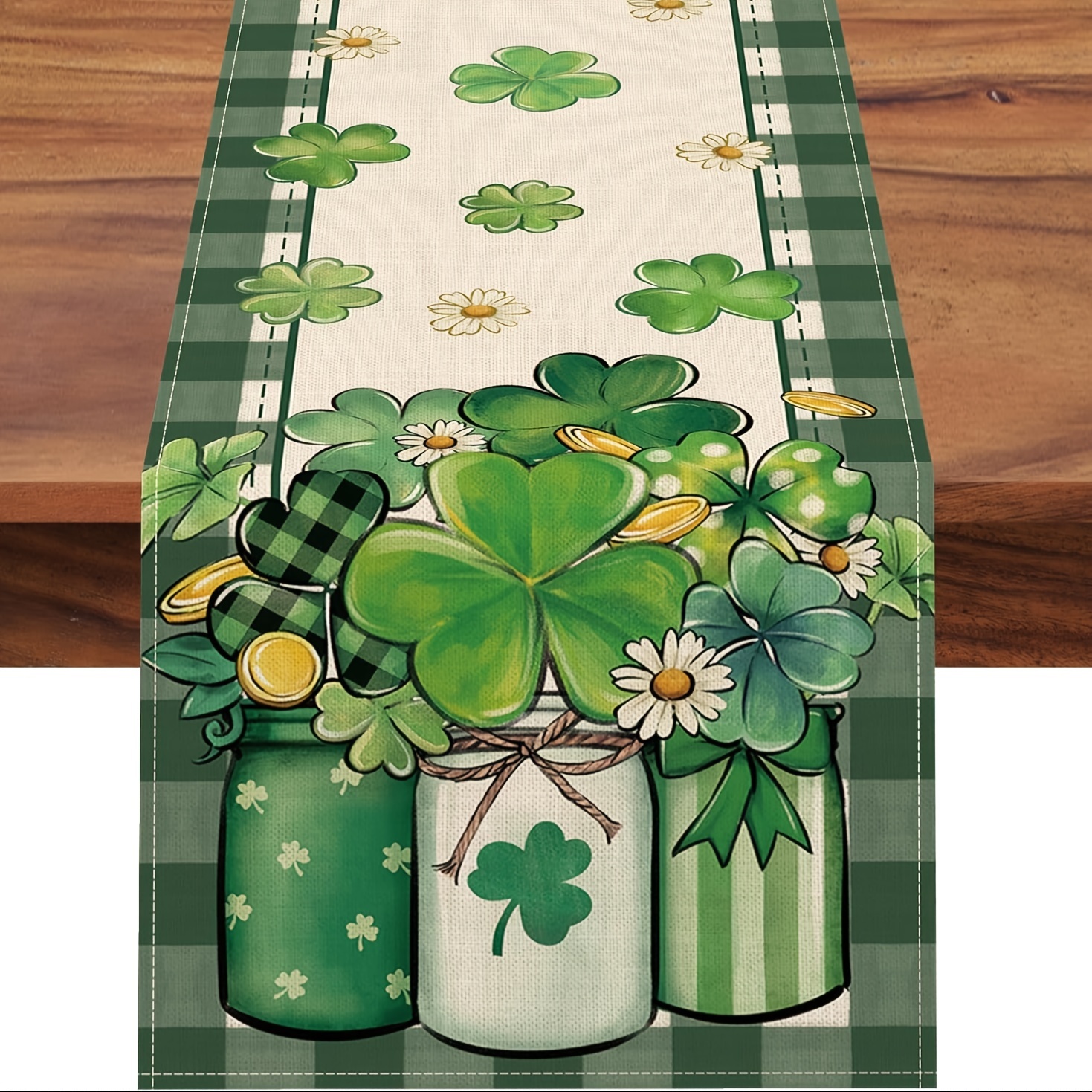 

1pc, Linen 's Day Clover Table Runner, Shamrock Mason Jar Daisy Farmhouse Kitchen Dining Table Decor, Gold Coins Irish Decoration Indoor Outdoor Party Supply 13x48/13x72/13x108/inch