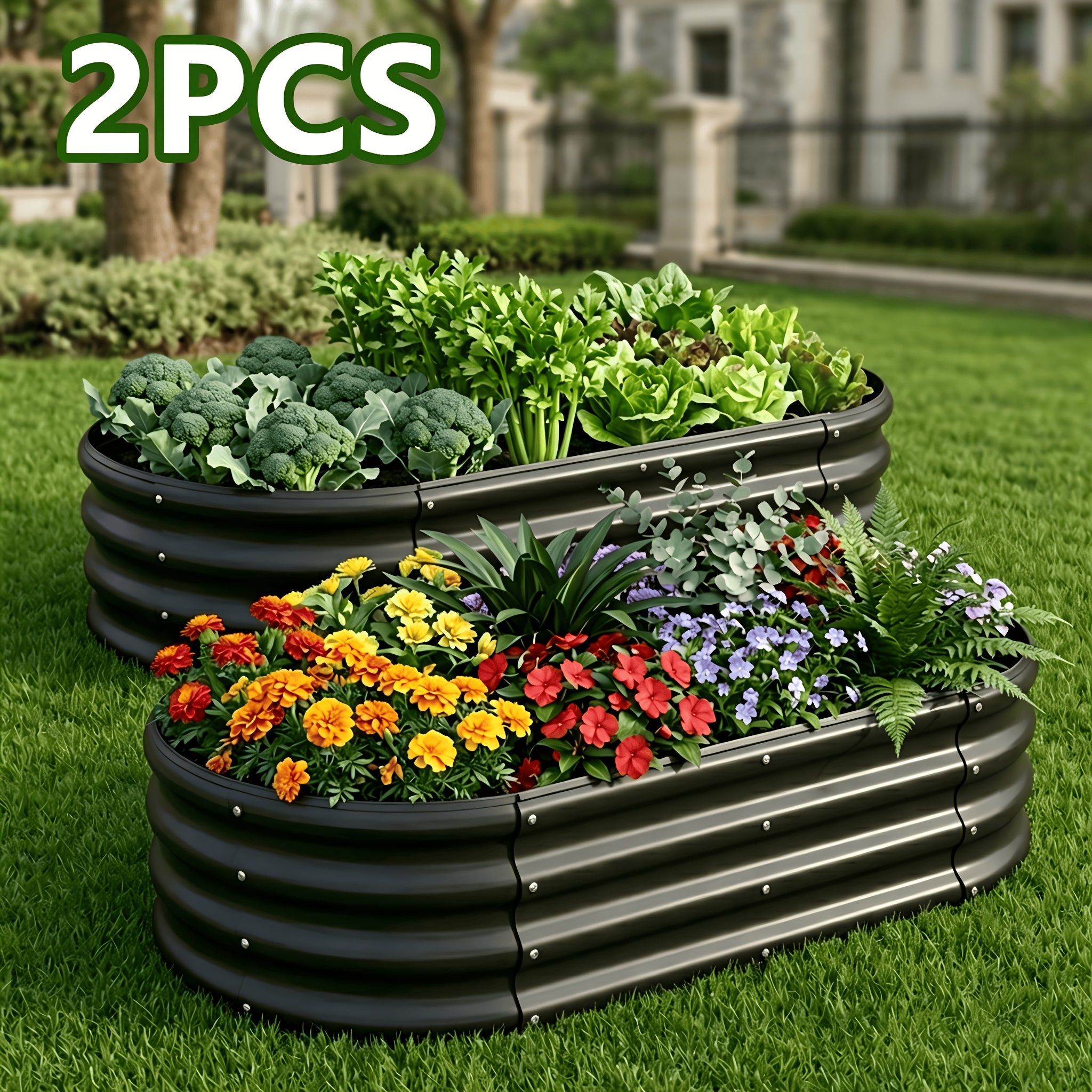 TEMU Kit de 2 jardinières surélevées ovales et rondes, jardinière en métal galvanisé pour jardinage extérieur avec fond ouvert, jardinière ondulée