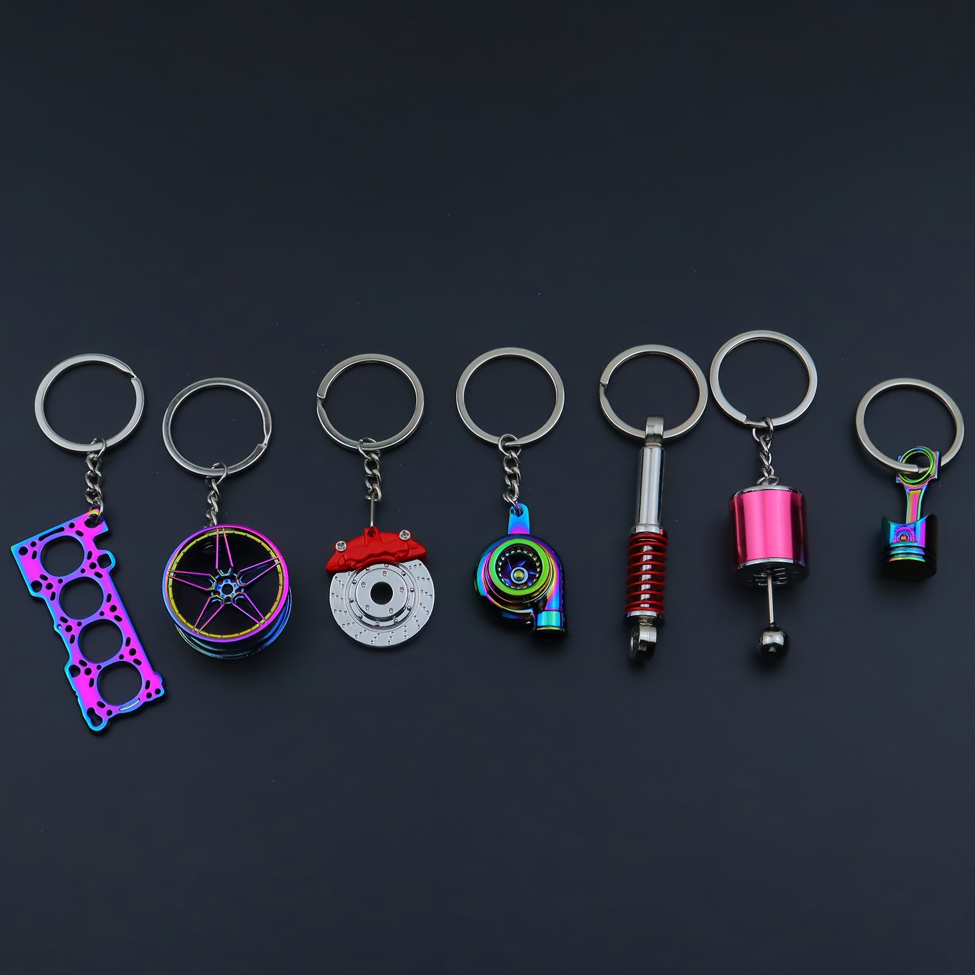 TEMU 7pcs Creative Car Modification Keychain Set, Featuring Unique Keychains Shaped Like , Turbos, Wheels, Gear Shifters, Shock Absorbers, Brake