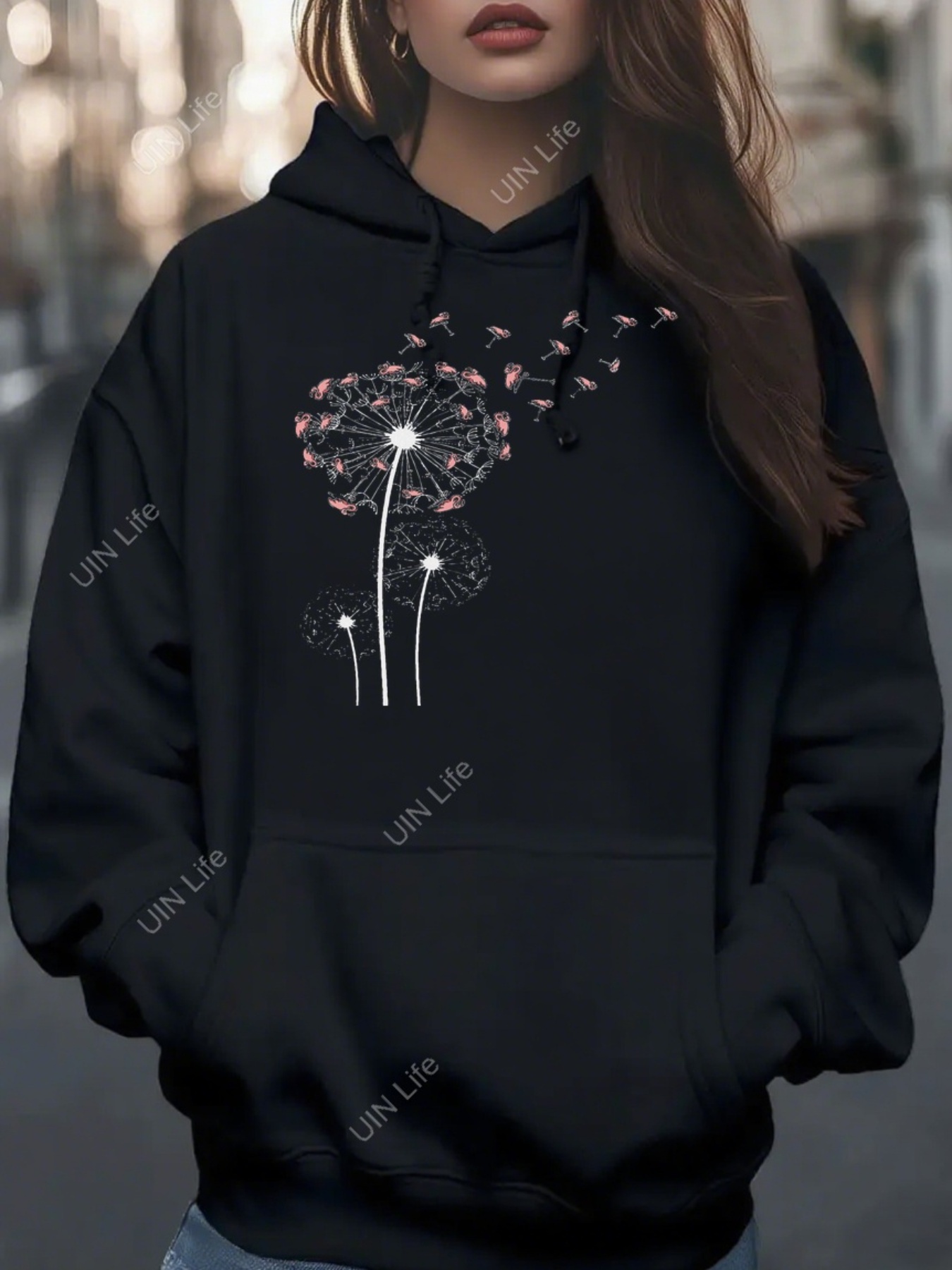 GIFTPUZZ Women's Astronaut Flowers Hoodie - Cozy Pullover With Pocket, Drawstring Hood, Multiple Sizes Up To 4XL