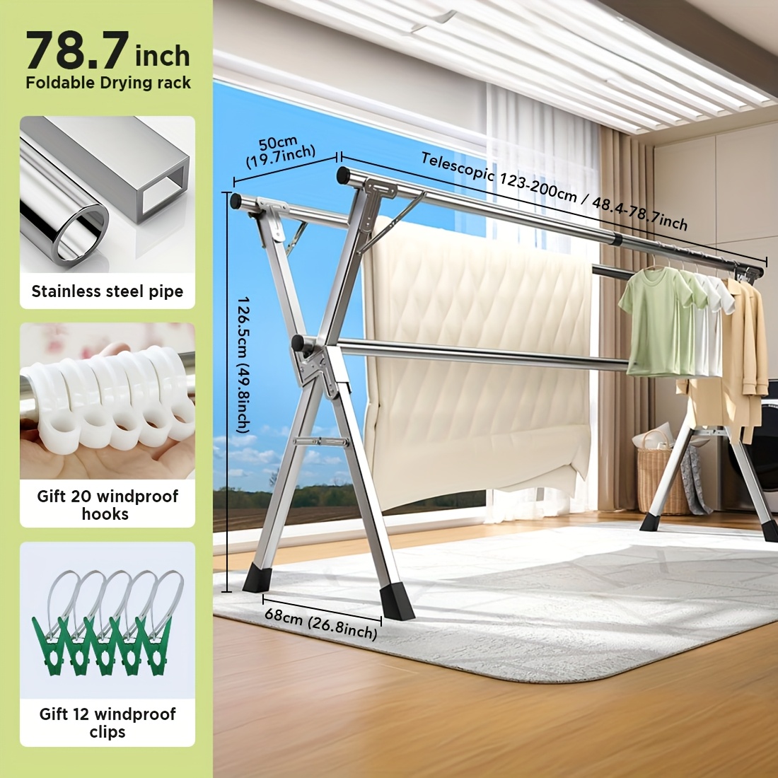 TEMU 79inch Clothes Foldable Drying Rack For Outdoor Indoor Use, Heavy Duty Stainless Steel Laundry Drying Rack, Telescopic Portable Drying Rack