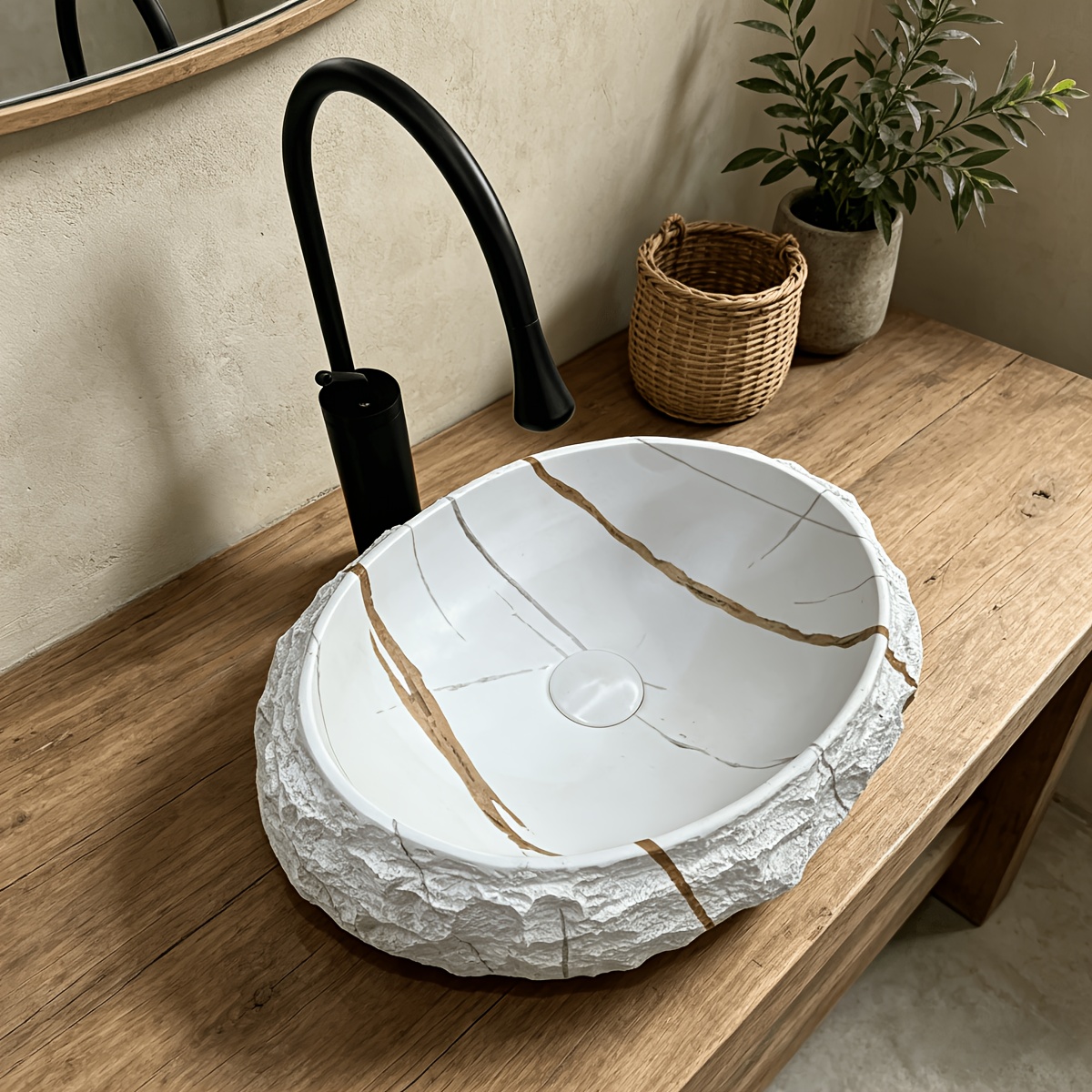 1pc Lauren Platinum Stone Textured Artificial Stone Washbasin, Sink, Art Basin, Decorative Basin, Single Basin, with Drain And Anti-Odor Drain Pipe, Easy to Install on The Countertop, Suitable for Home, Hotel, Balcony, Outdoor Use