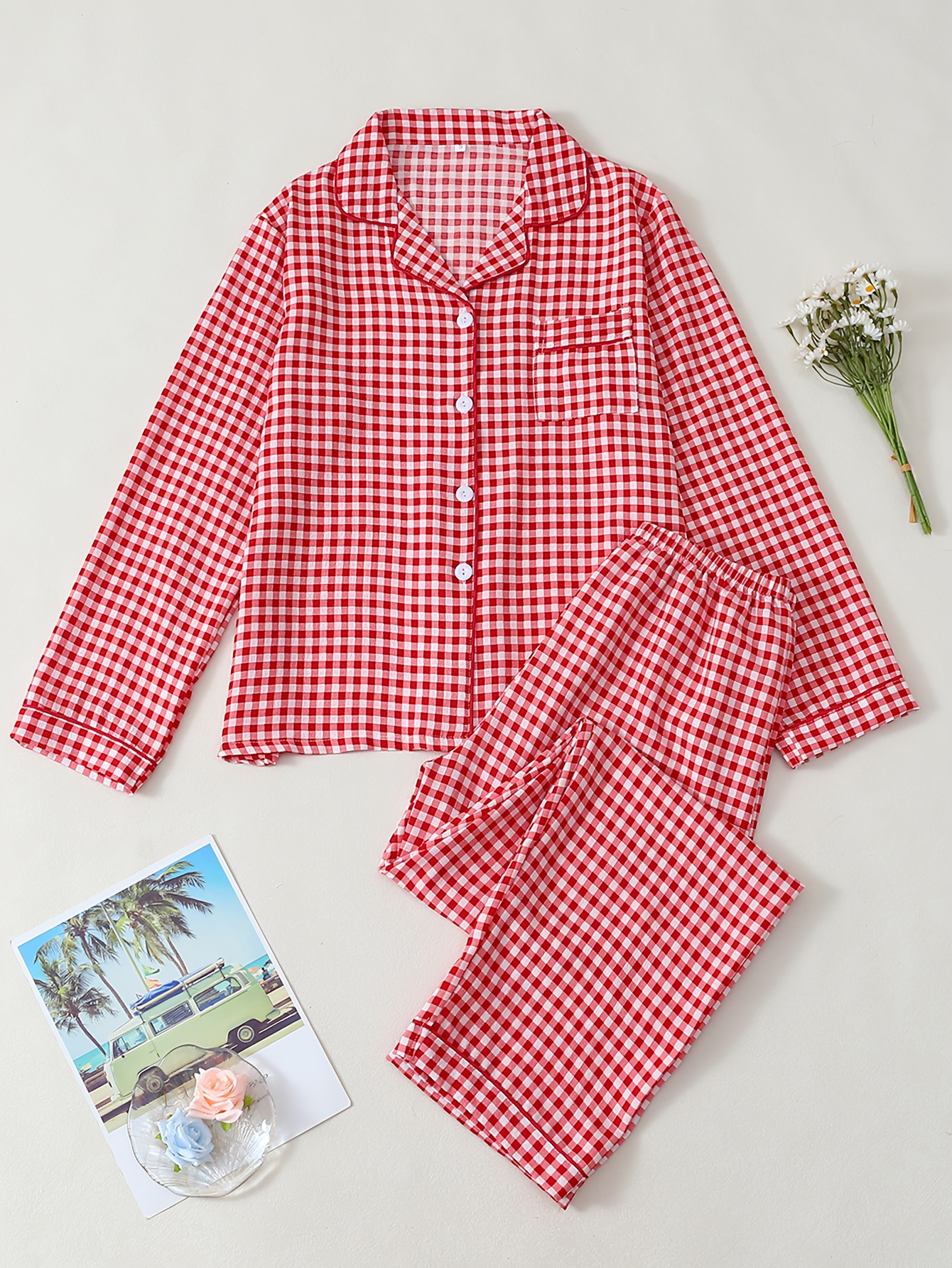 damernas höst vinter rutigt tryck långärmad pyjamas set - Temu Sweden