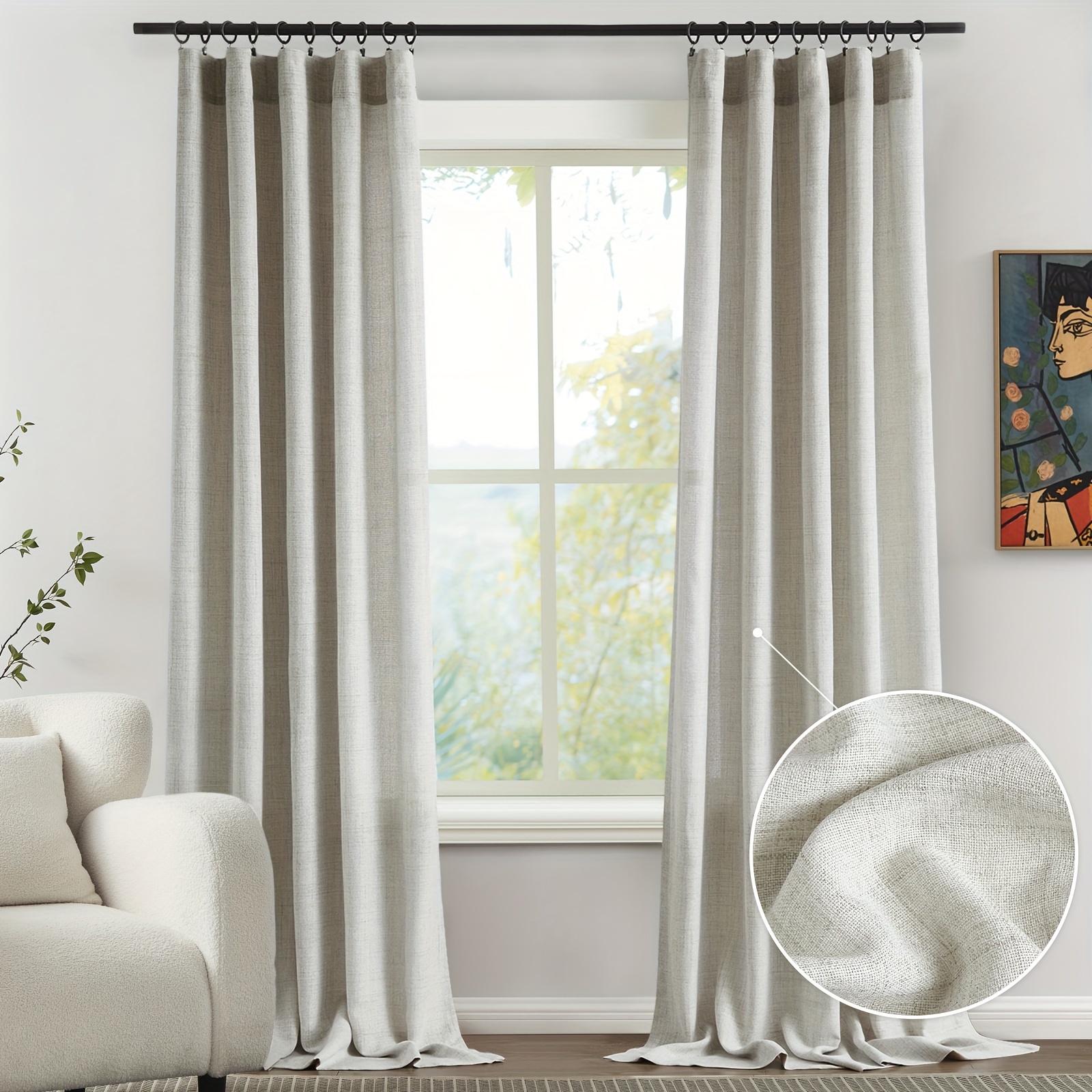 

Linen Curtains For Bedroom - Rod Pocket Burlap Linen Textured Semi Sheer Curtains Light Filtering Privacy Farmhouse Living Room Drapes, Set Of 2