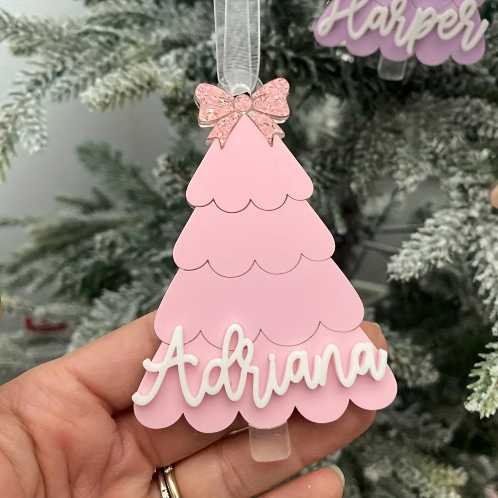 TEMU 1pc Custom Acrylic Christmas Tree Nameplate Pendant, Cute Christmas Tree Shaped Tag, Personalized Bow Christmas Tree Decor Nameplate, Christmas