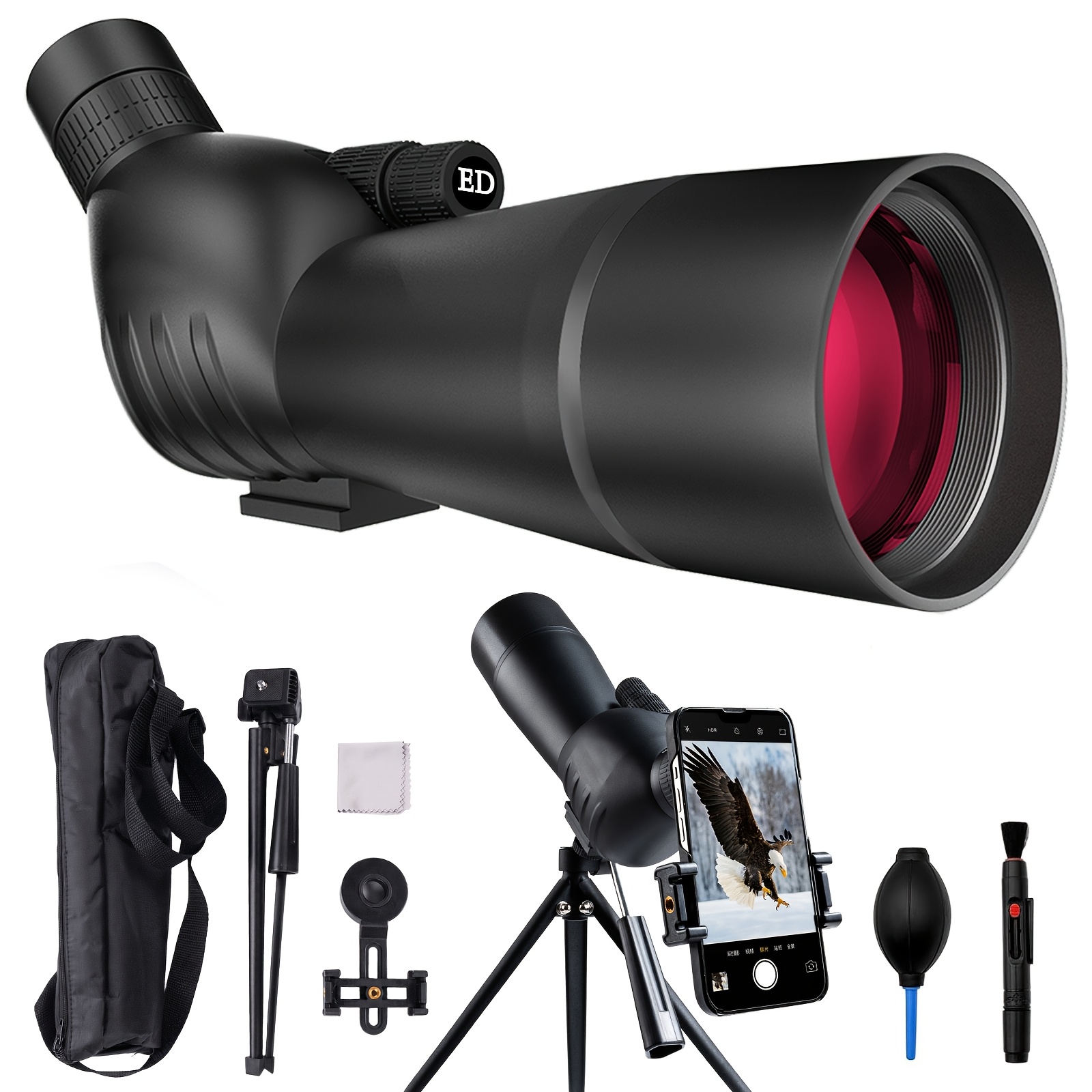 TEMU Telescopio da tiro 25-75X60 con treppiede, adattatore per telefono e kit di pulizia, borsa per il trasporto, telescopio monoculare, telescopi da